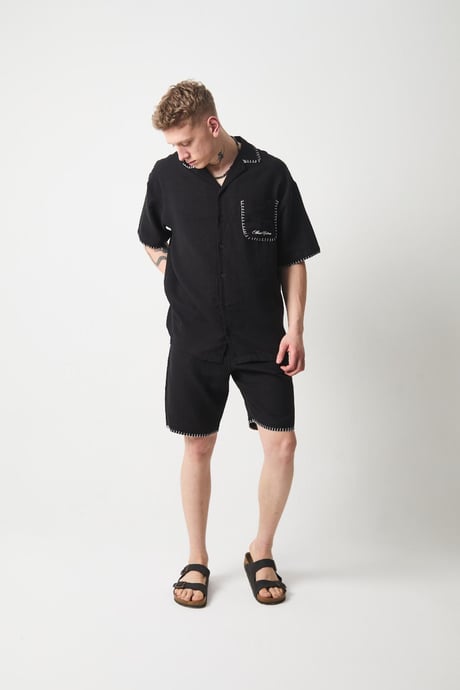 Nakış Detaylı Müslin Kumaş Erkek Takım Şort - Siyah