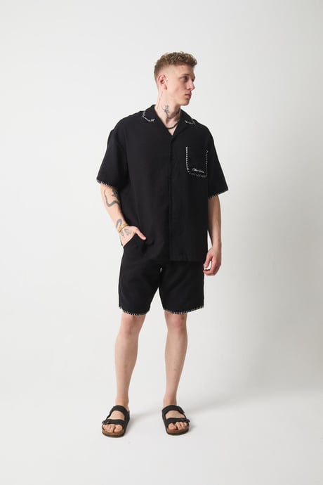 Nakış Detaylı Müslin Kumaş Erkek Takım Şort - Siyah