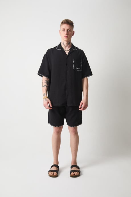 Nakış Detaylı Müslin Kumaş Erkek Takım Şort - Siyah