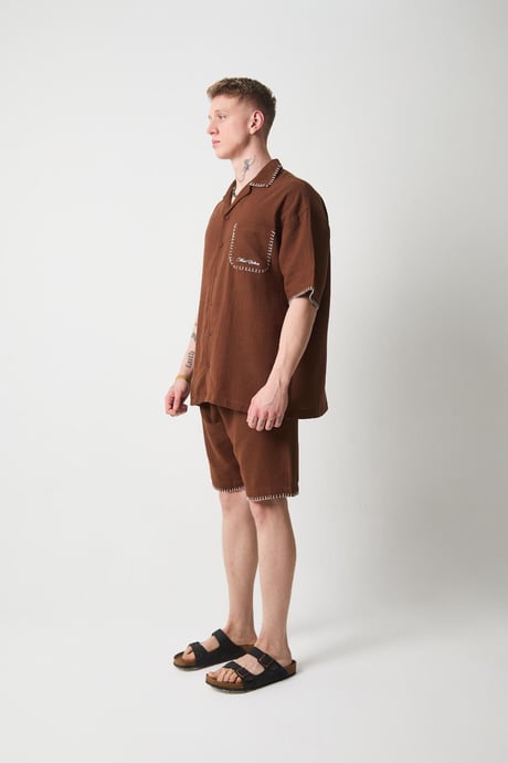 Nakış Detaylı Müslin Kumaş Erkek Takım Şort - Kahve