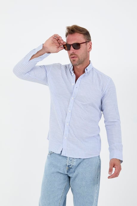 Nefes Alabilir Zarif Günlük Carina Çizgili Pamuklu Erkek Gömlek - Mavi