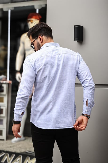 Nefes Alabilir Zarif Günlük Carina Çizgili Pamuklu Erkek Gömlek - Mavi