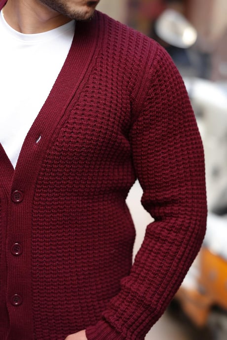 Nopenli Fitil Örgü Düğmeli Hırka - Bordo