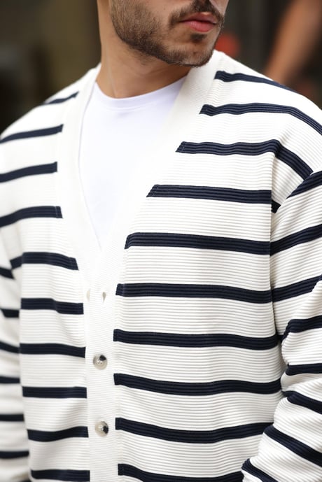 Oversize Çizgili Düğmeli Erkek Hırka - Lacivert