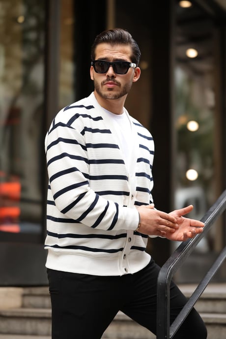 Oversize Çizgili Düğmeli Erkek Hırka - Lacivert