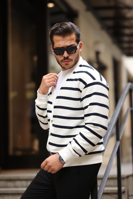 Oversize Çizgili Düğmeli Erkek Hırka - Lacivert