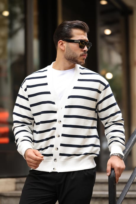 Oversize Çizgili Düğmeli Erkek Hırka - Lacivert