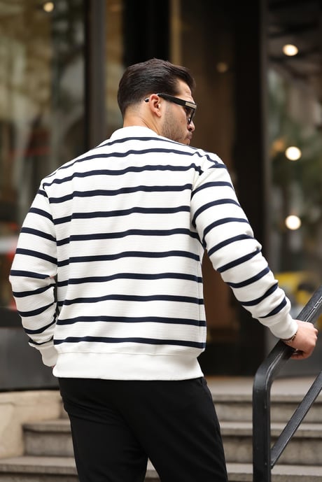 Oversize Çizgili Düğmeli Erkek Hırka - Lacivert