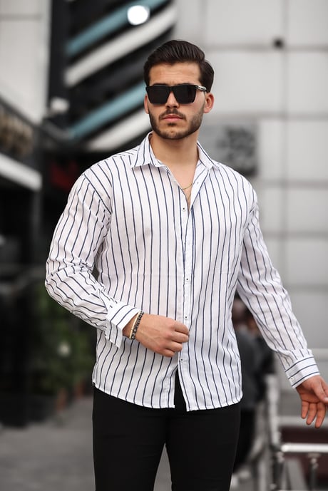 Oversize Çizgili Saten Gömlek- Beyaz