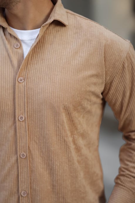 Oversize Fitilli Erkek Kadife Gömlek - Bej
