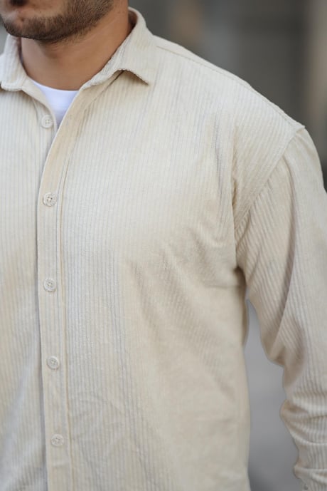 Oversize Fitilli Erkek Kadife Gömlek - Ekru