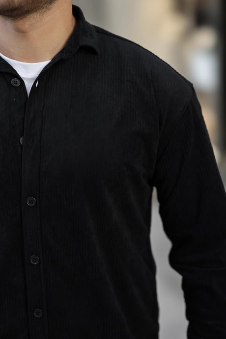 Oversize Fitilli Erkek Kadife Gömlek - Siyah