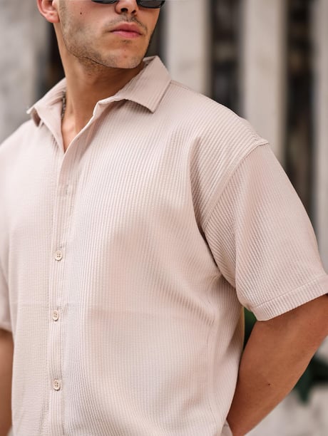 Oversize Fitilli Kısa Kol Gömlek - Bej