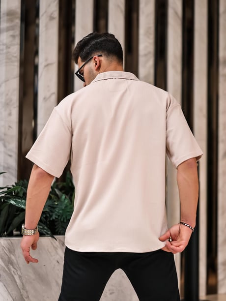 Oversize Fitilli Kısa Kol Gömlek - Bej