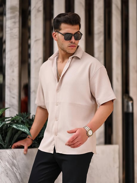 Oversize Fitilli Kısa Kol Gömlek - Bej