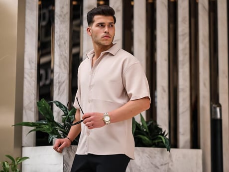 Oversize Fitilli Kısa Kol Gömlek - Bej