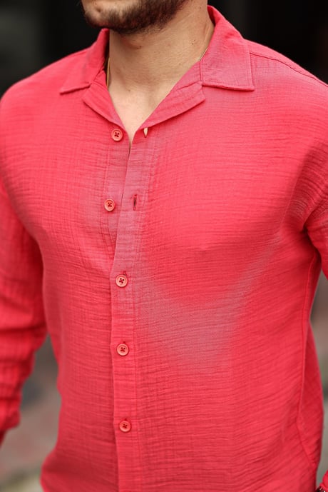 Oversize Müslin Kumaş Gömlek - Kırmızı