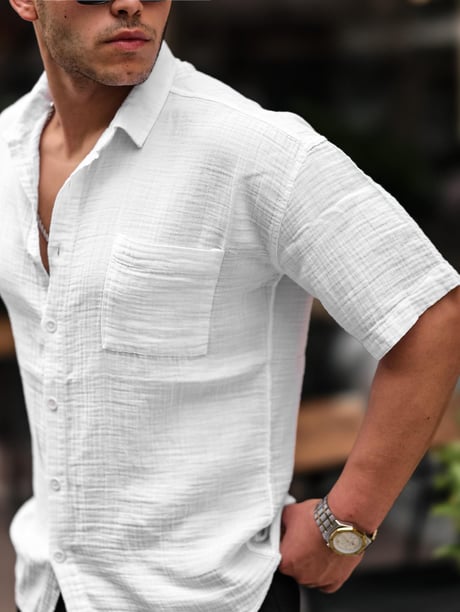 Oversize Müslin Kumaş Tek Cepli Gömlek- Beyaz