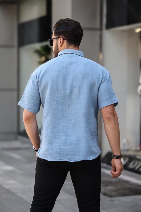 Oversize Müslin Kumaş Tek Cepli Gömlek- Soğuk Mavi