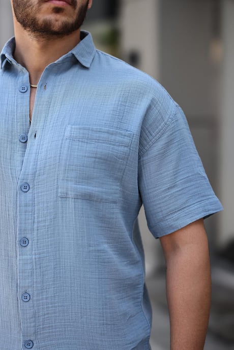 Oversize Müslin Kumaş Tek Cepli Gömlek- Soğuk Mavi