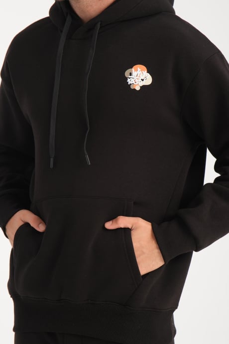 Oversize Puf Baskılı Erkek CozyFit Şardonlu Eşofman Takımı - Siyah