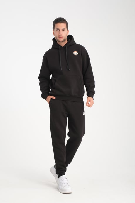 Oversize Puf Baskılı Erkek CozyFit Şardonlu Eşofman Takımı - Siyah
