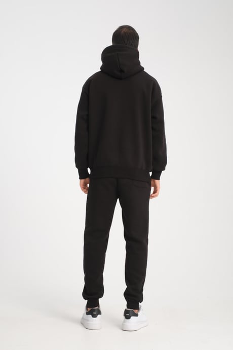 Oversize Puf Baskılı Erkek CozyFit Şardonlu Eşofman Takımı - Siyah