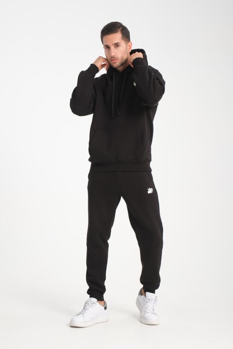 Oversize Puf Baskılı Erkek CozyFit Şardonlu Eşofman Takımı - Siyah