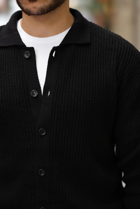 Oversize Selanik Örgü Düğmeli Erkek Hırka-Siyah