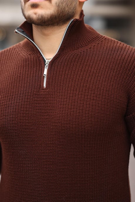Oversize Selanik Örgü Yarım Fermuar Erkek Triko Kazak - Kahve