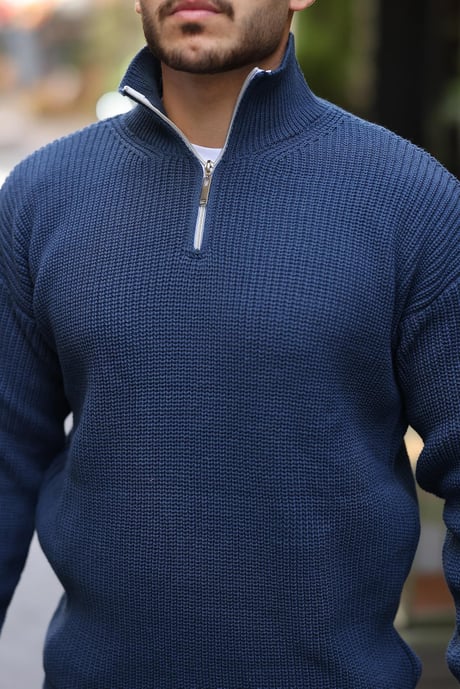 Oversize Selanik Örgü Yarım Fermuar Erkek Triko Kazak - İndigo
