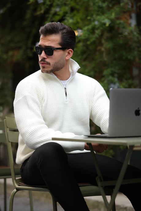 Oversize Selanik Örgü Yarım Fermuar Erkek Triko Kazak - Ekru