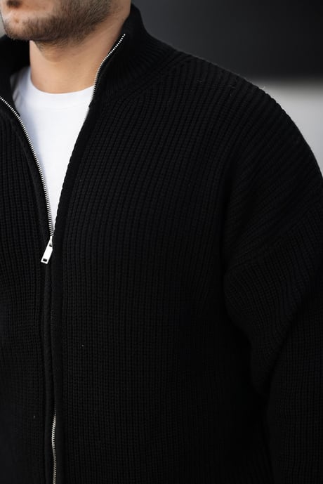 Oversize Selanik Örme Fermuarlı Erkek Hırka- Siyah