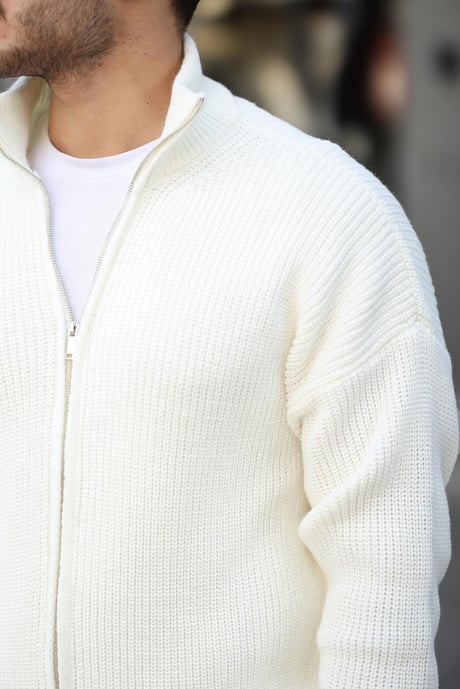Oversize Selanik Örme Fermuarlı Erkek Hırka- Ekru