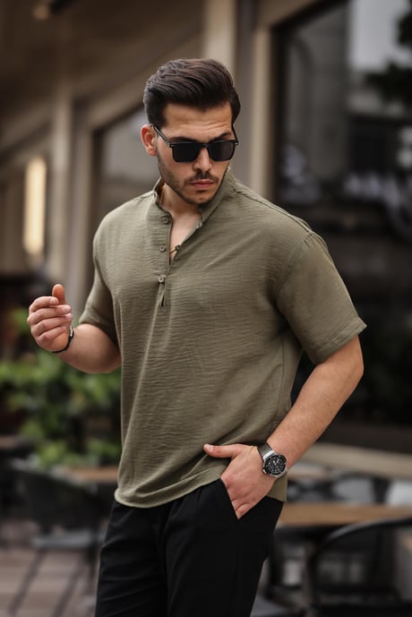 Oversize Yarım Pat Bambu Kısa kol Gömlek - Haki