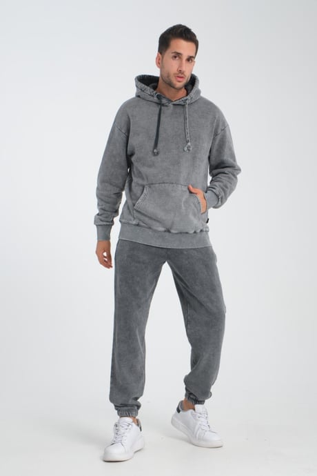 Oversize Yıkamalı Şardonlu Erkek Eşofman Takımı - Antrasit