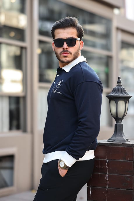 Polo Yaka Düğmeli Nakışlı Sweatshirt - Lacivert