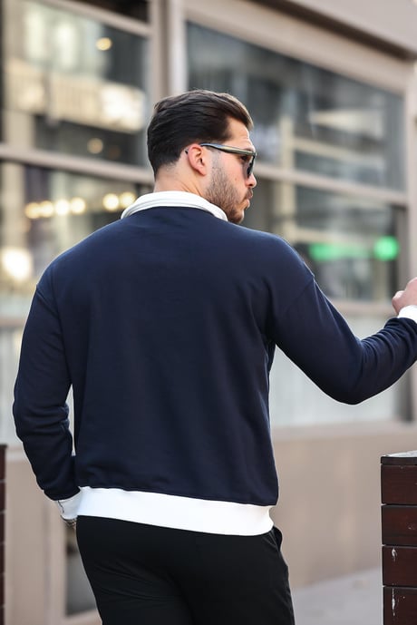 Polo Yaka Düğmeli Nakışlı Sweatshirt - Lacivert