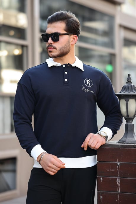 Polo Yaka Düğmeli Nakışlı Sweatshirt - Lacivert