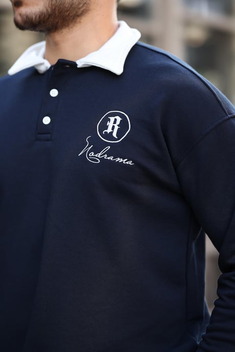 Polo Yaka Düğmeli Nakışlı Sweatshirt - Lacivert