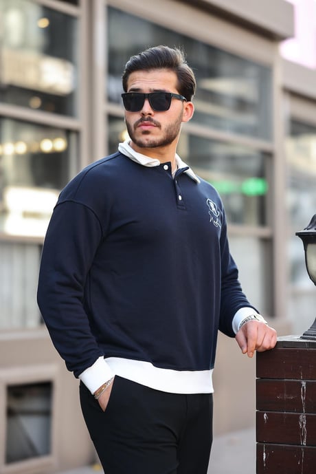 Polo Yaka Düğmeli Nakışlı Sweatshirt - Lacivert