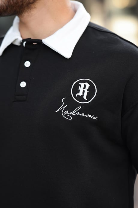 Polo Yaka Düğmeli Nakışlı Sweatshirt - Siyah