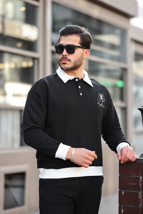 Polo Yaka Düğmeli Nakışlı Sweatshirt - Siyah