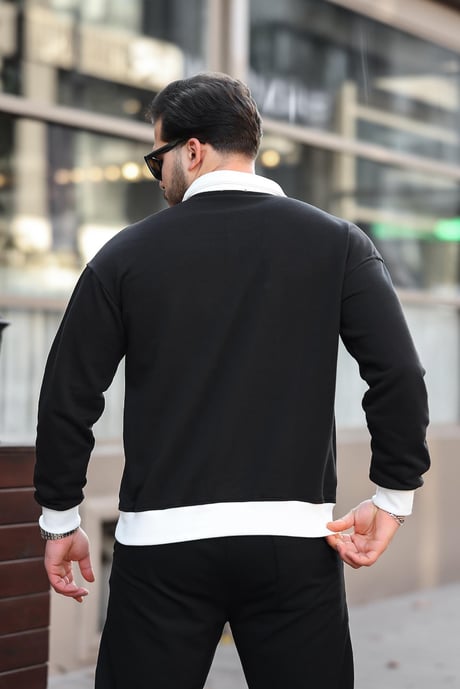 Polo Yaka Düğmeli Nakışlı Sweatshirt - Siyah