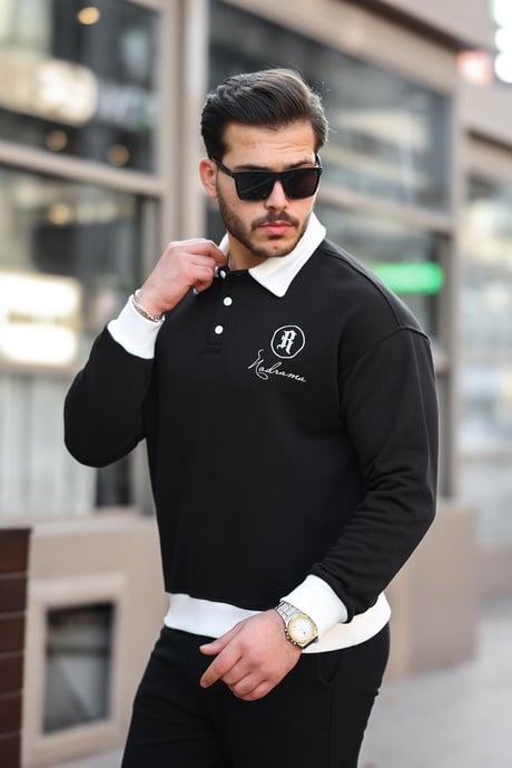 Polo Yaka Düğmeli Nakışlı Sweatshirt - Siyah