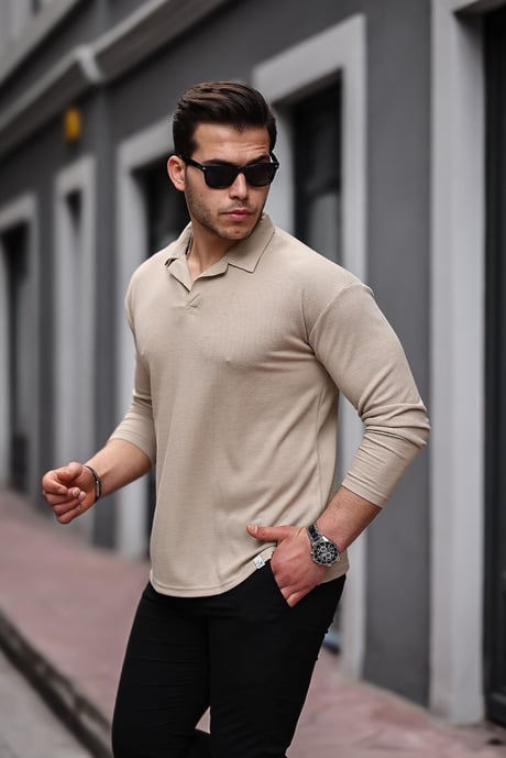 Polo Yaka Örme Triko - Bej