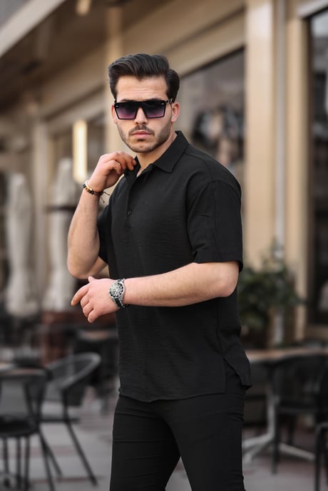 Polo Yaka Oversize Yarım Pat  Bambu Kısa Kol Gömlek - Siyah