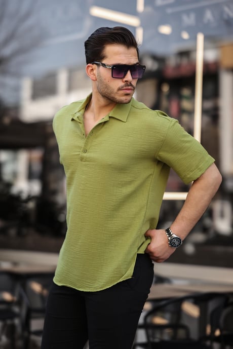 Polo Yaka Oversize Yarım Pat  Bambu Kısa Kol Gömlek - Fıstık Yeşili