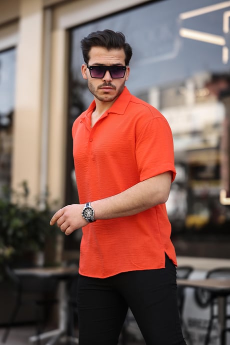 Polo Yaka Oversize Yarım Pat  Bambu Kısa Kol Gömlek - Turuncu