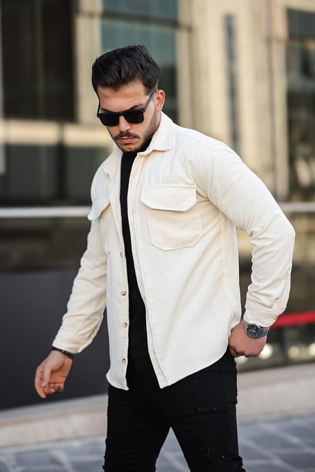 Premium Çift Cepli Kadife Gömlek - Ekru